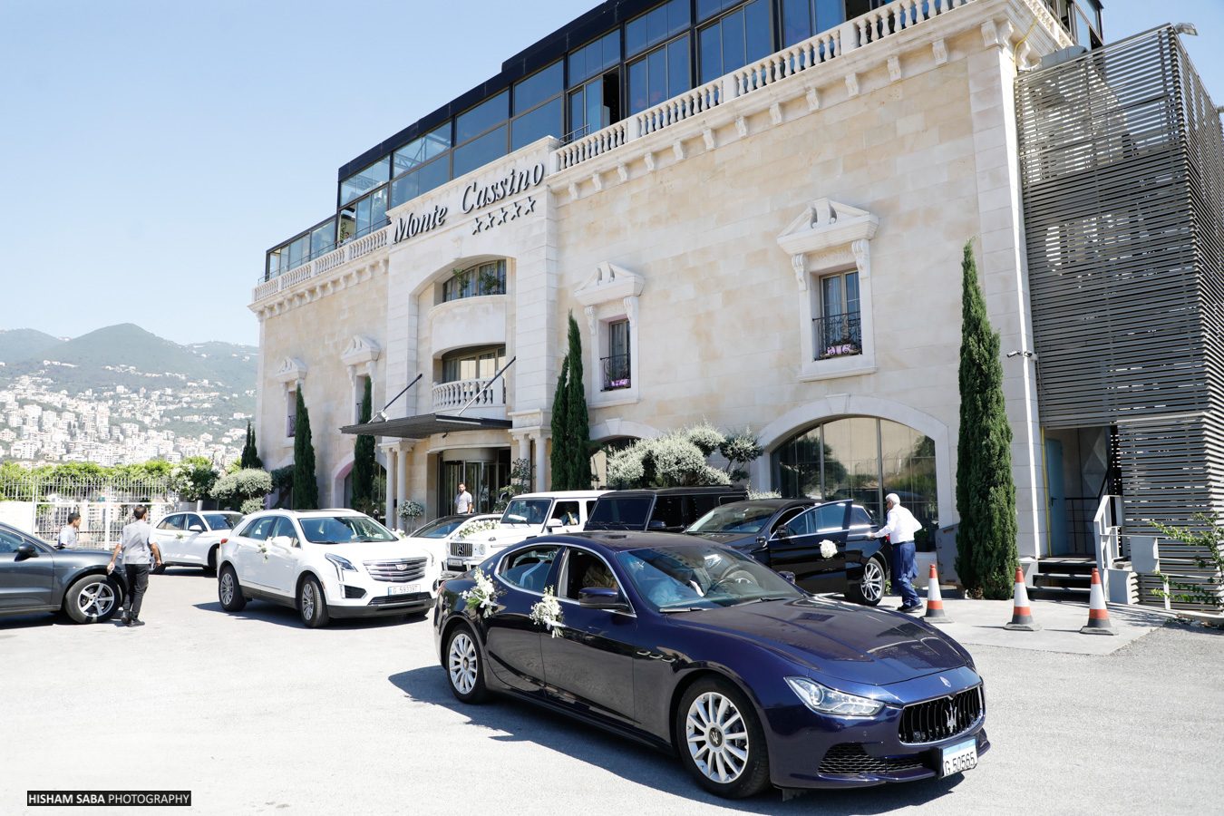 Monte Cassino facade with wedding cars